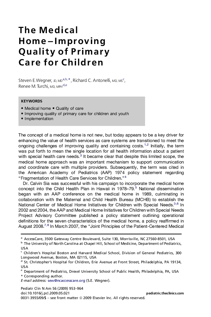 The Medical Home-Improving Quality of Primary Care for Children