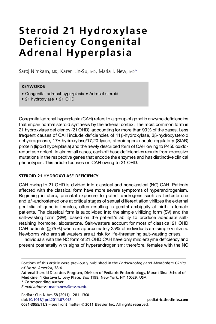 Steroid 21 Hydroxylase Deficiency Congenital Adrenal Hyperplasia