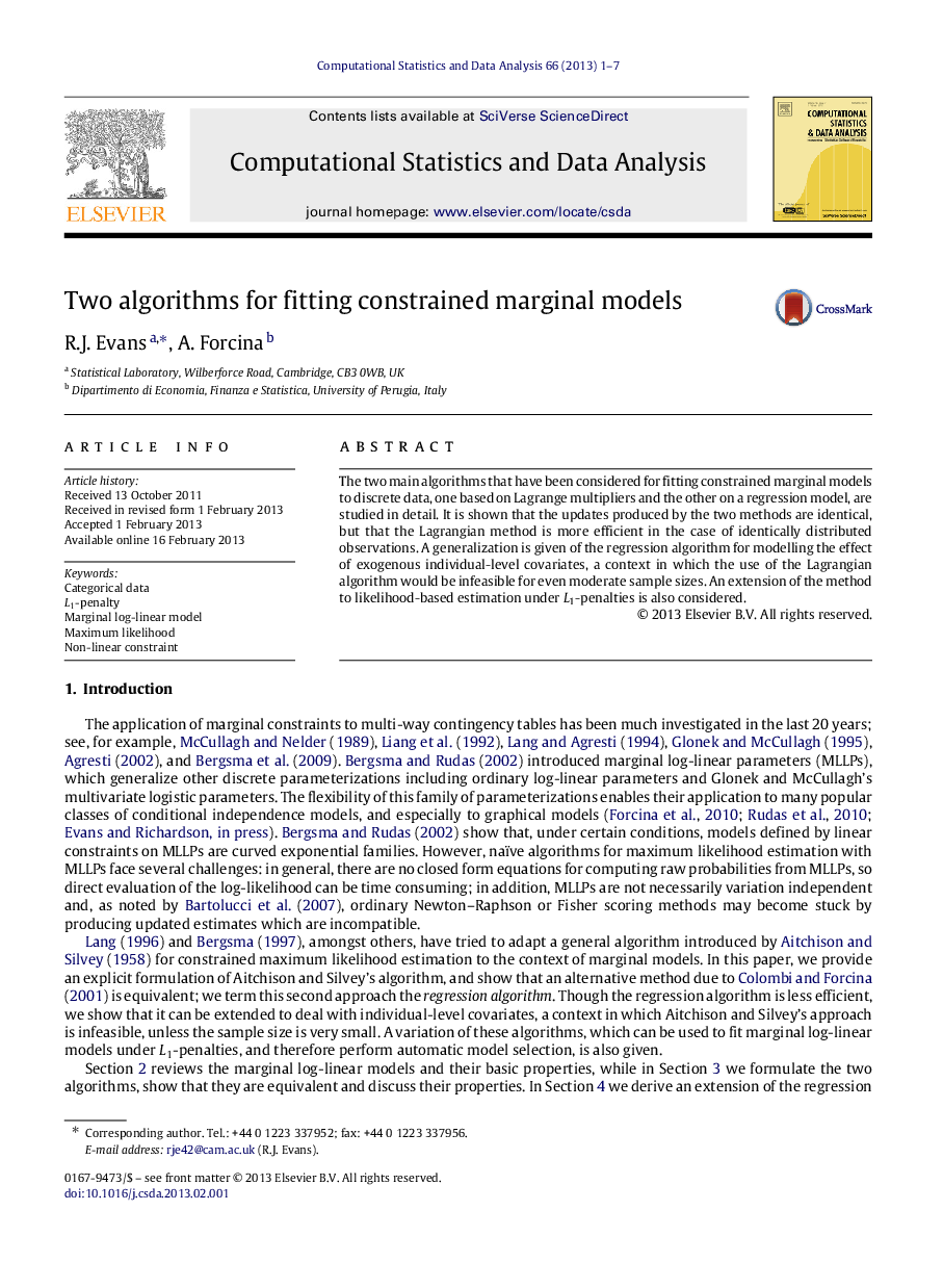 Two algorithms for fitting constrained marginal models