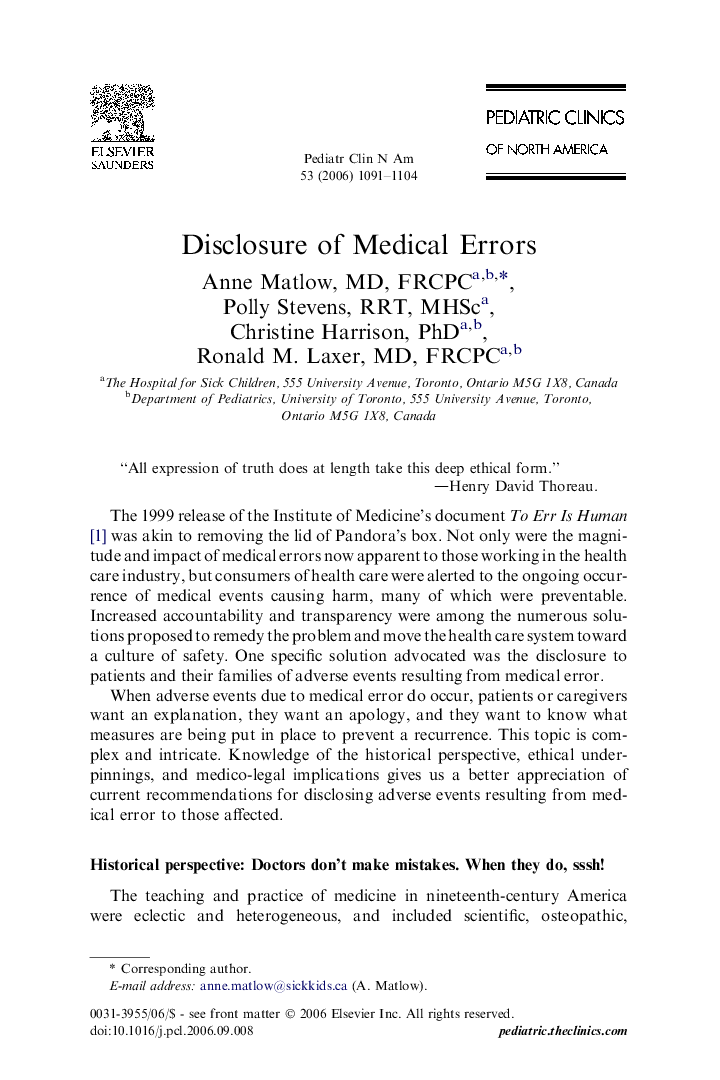 Disclosure of Medical Errors