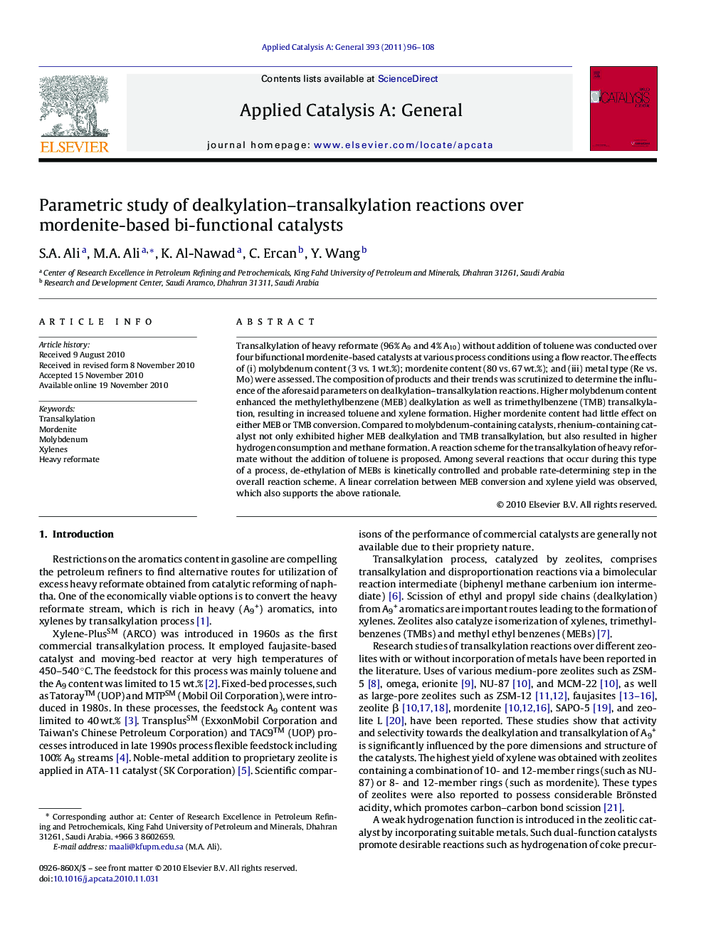 Parametric study of dealkylation–transalkylation reactions over mordenite-based bi-functional catalysts
