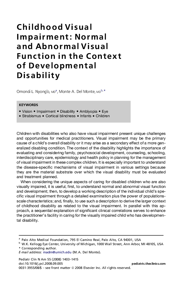 Childhood Visual Impairment: Normal and Abnormal Visual Function in the Context of Developmental Disability