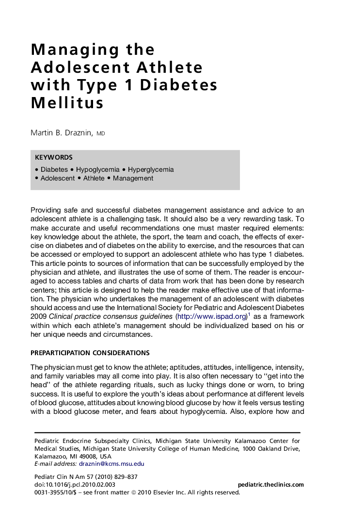 Managing the Adolescent Athlete with Type 1 Diabetes Mellitus