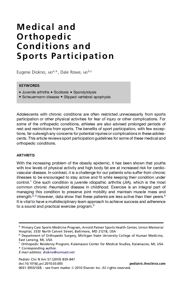 Medical and Orthopedic Conditions and Sports Participation
