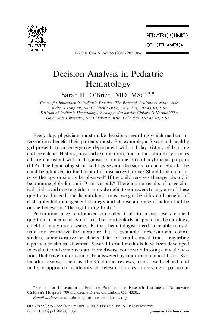 Decision Analysis in Pediatric Hematology