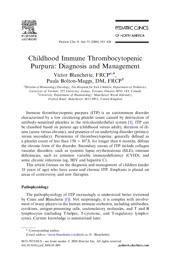 Childhood Immune Thrombocytopenic Purpura: Diagnosis and Management