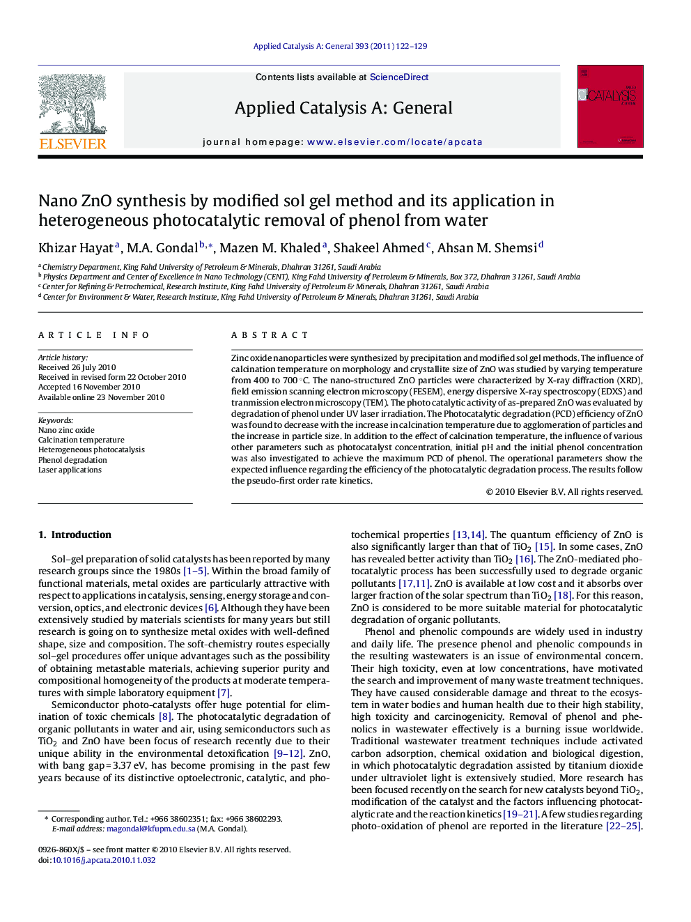 Nano ZnO synthesis by modified sol gel method and its application in heterogeneous photocatalytic removal of phenol from water