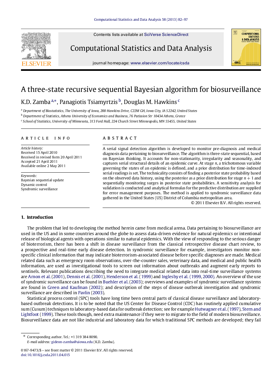 A three-state recursive sequential Bayesian algorithm for biosurveillance