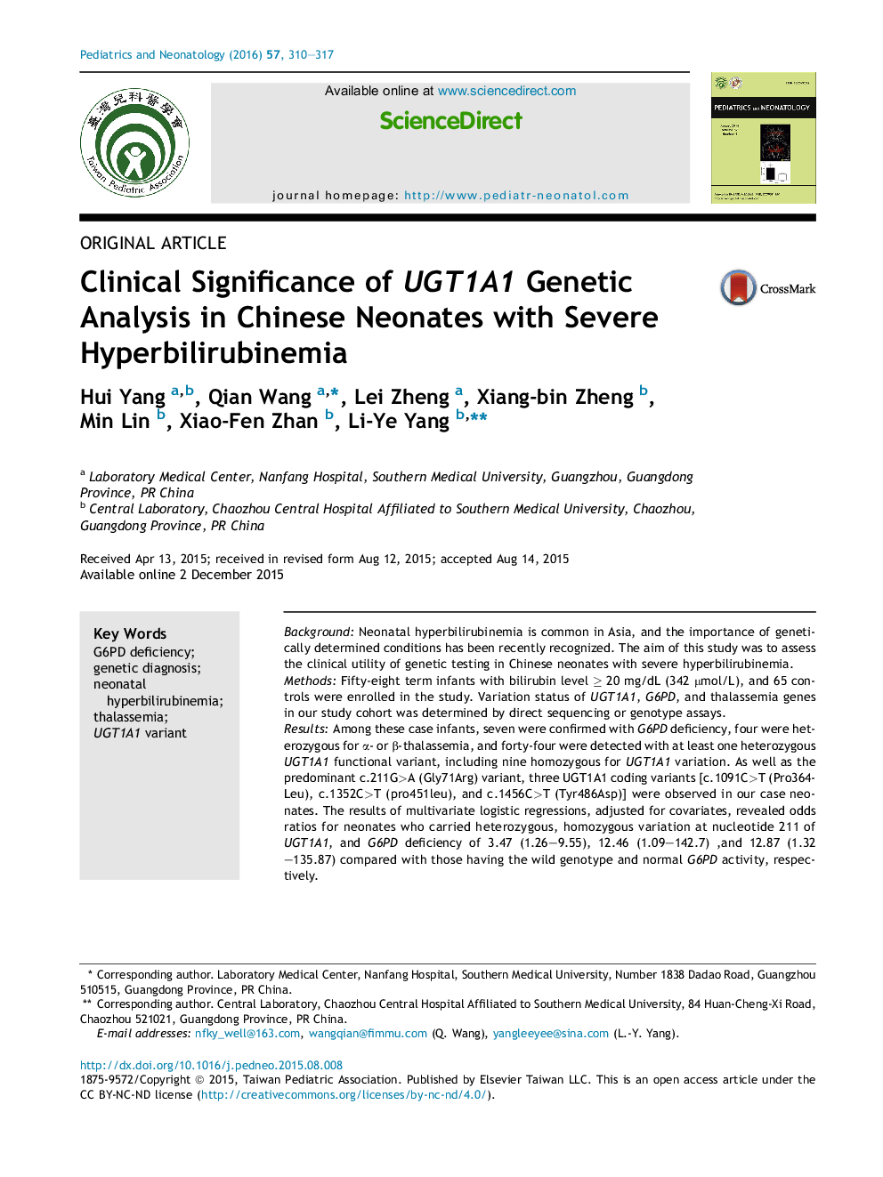 Clinical Significance of UGT1A1 Genetic Analysis in Chinese Neonates with Severe Hyperbilirubinemia