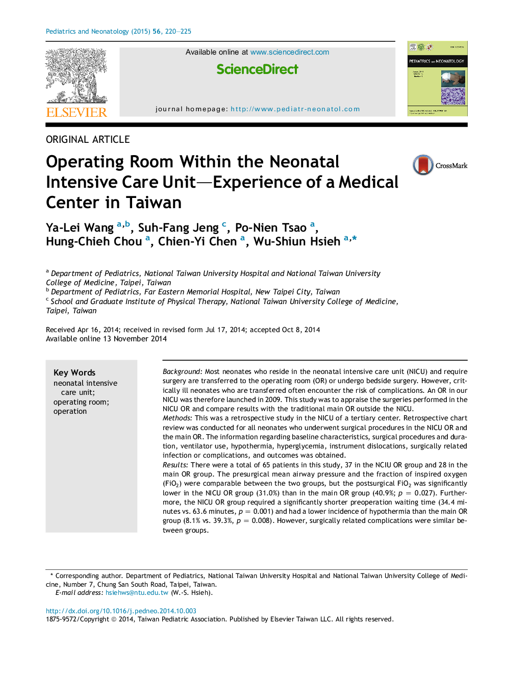 Operating Room Within the Neonatal Intensive Care Unit—Experience of a Medical Center in Taiwan