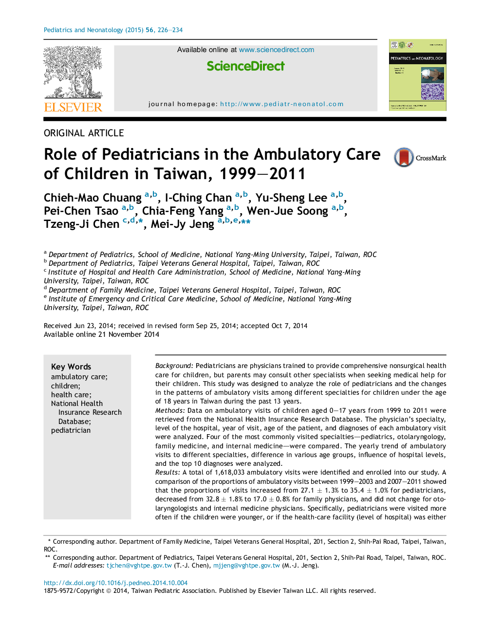 Role of Pediatricians in the Ambulatory Care of Children in Taiwan, 1999–2011