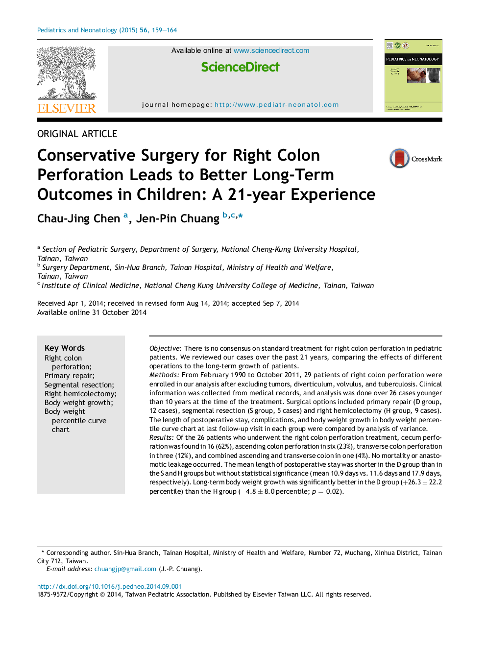 Conservative Surgery for Right Colon Perforation Leads to Better Long-Term Outcomes in Children: A 21-year Experience