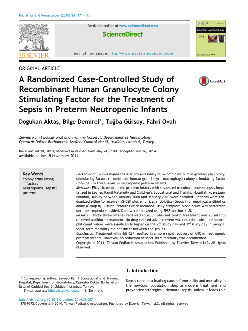 A Randomized Case-Controlled Study of Recombinant Human Granulocyte Colony Stimulating Factor for the Treatment of Sepsis in Preterm Neutropenic Infants