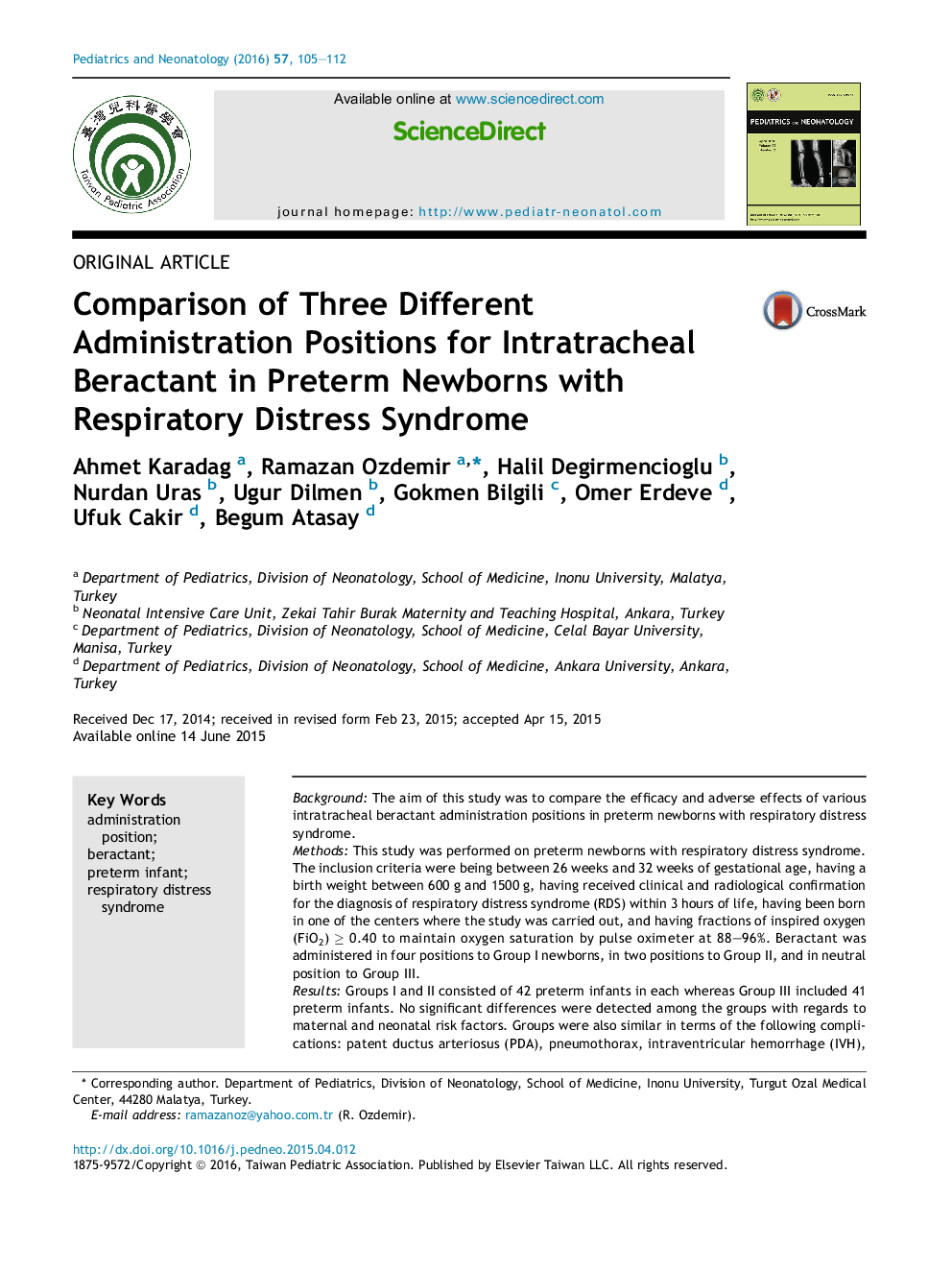 Comparison of Three Different Administration Positions for Intratracheal Beractant in Preterm Newborns with Respiratory Distress Syndrome