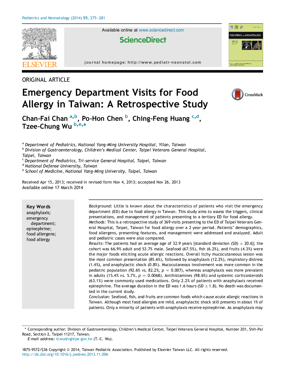 Emergency Department Visits for Food Allergy in Taiwan: A Retrospective Study