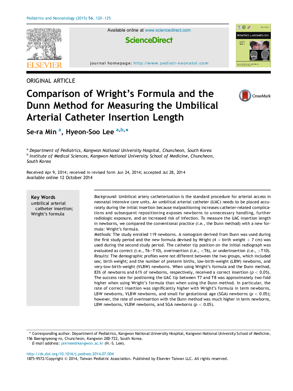 Comparison of Wright's Formula and the Dunn Method for Measuring the Umbilical Arterial Catheter Insertion Length