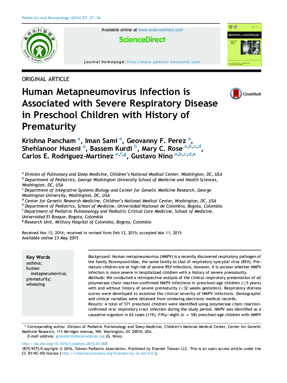 Human Metapneumovirus Infection is Associated with Severe Respiratory Disease in Preschool Children with History of Prematurity