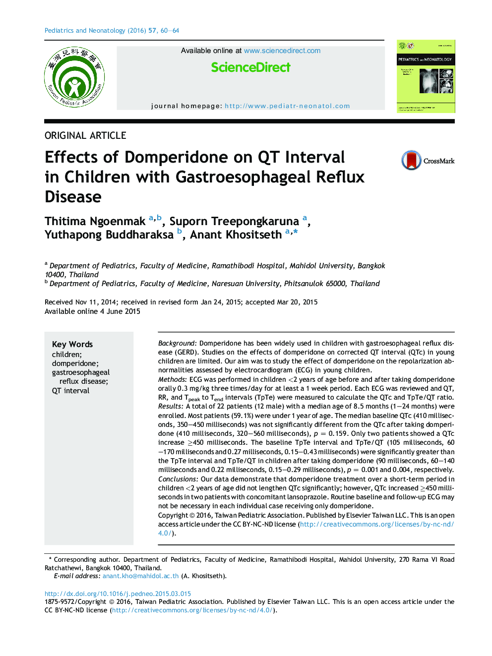 Effects of Domperidone on QT Interval in Children with Gastroesophageal Reflux Disease