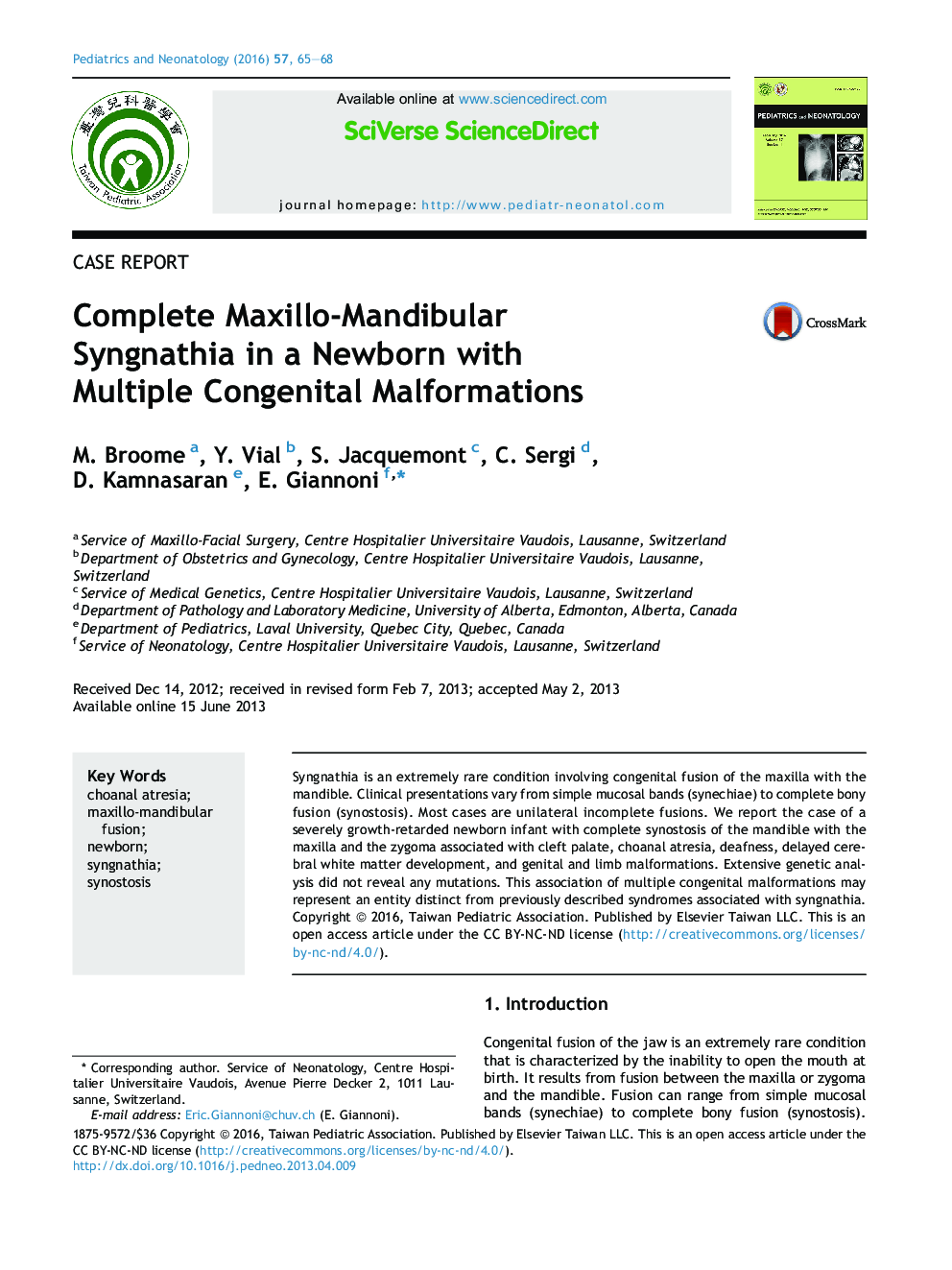 Complete Maxillo-Mandibular Syngnathia in a Newborn with Multiple Congenital Malformations