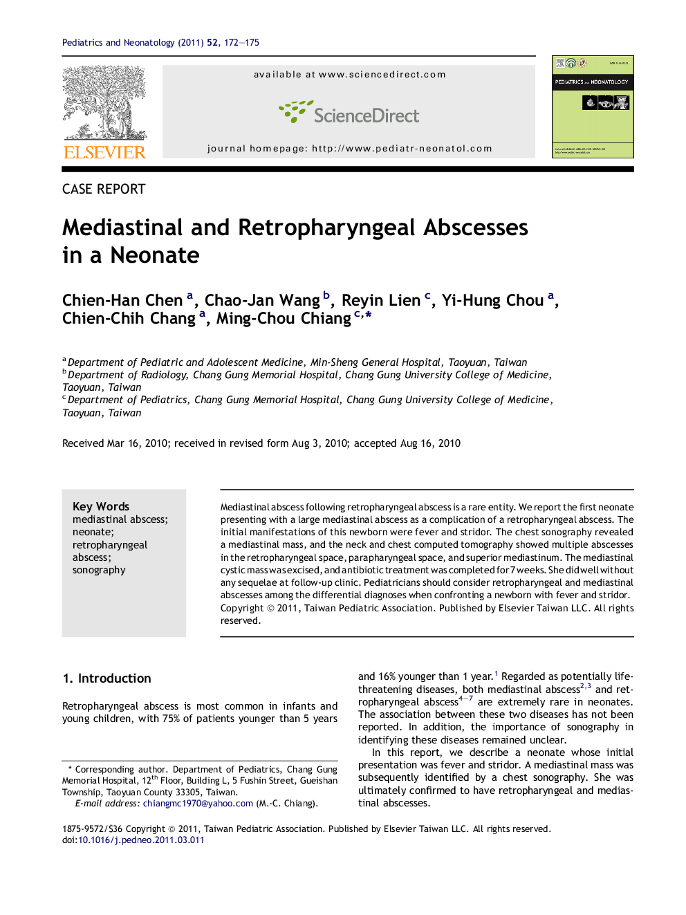 Mediastinal and Retropharyngeal Abscesses in a Neonate