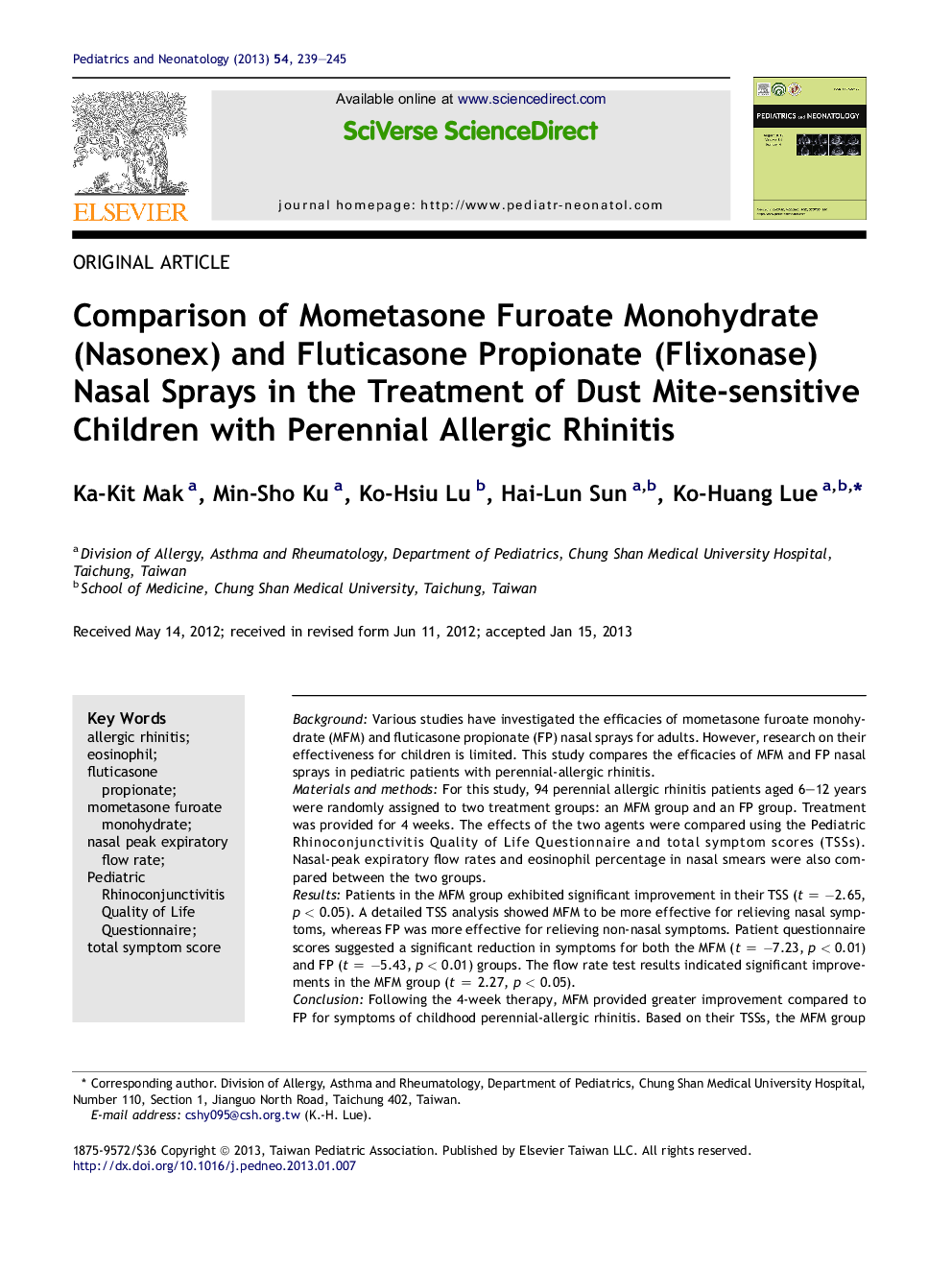 Comparison of Mometasone Furoate Monohydrate (Nasonex) and Fluticasone Propionate (Flixonase) Nasal Sprays in the Treatment of Dust Mite-sensitive Children with Perennial Allergic Rhinitis