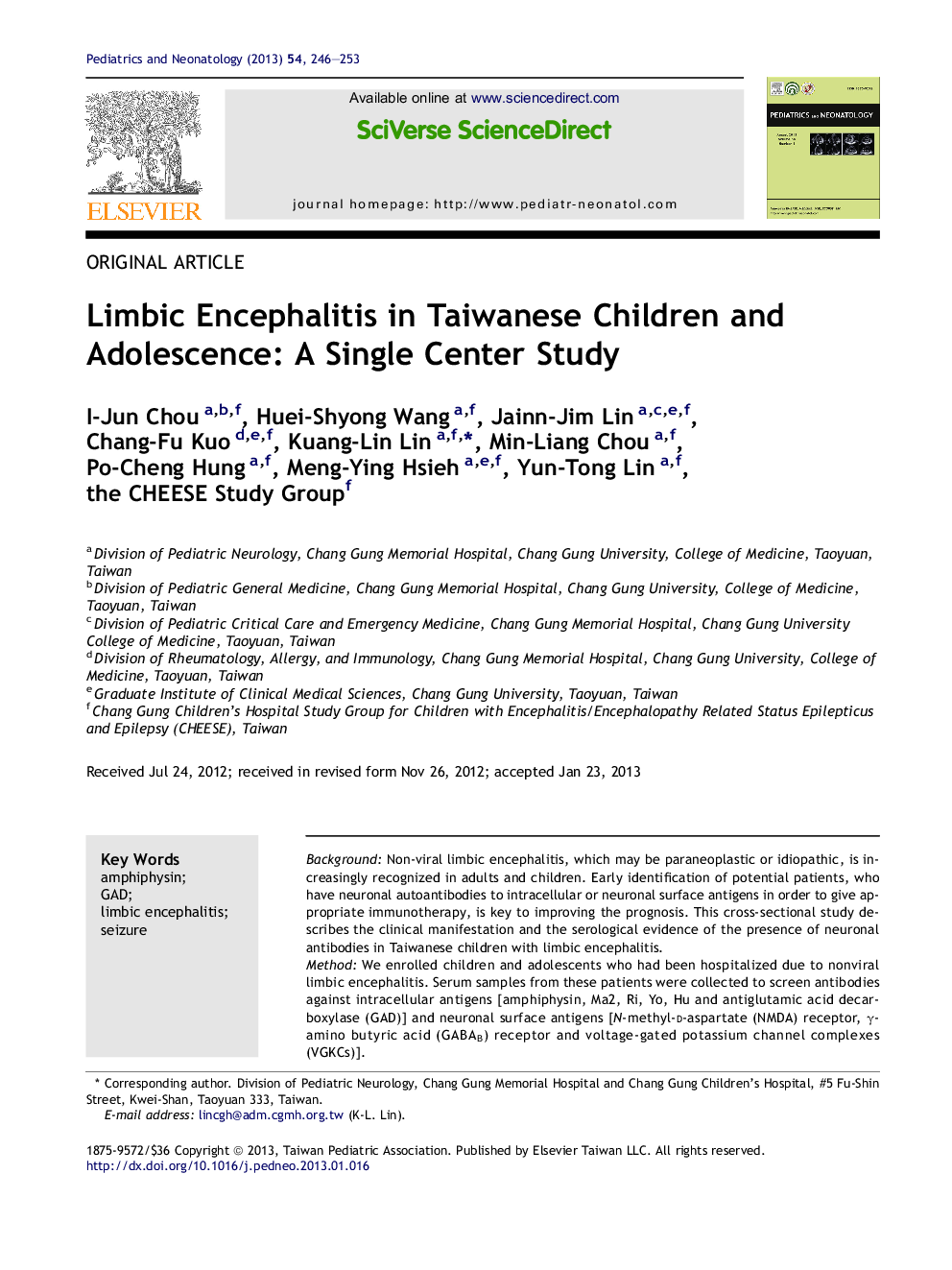 Limbic Encephalitis in Taiwanese Children and Adolescence: A Single Center Study