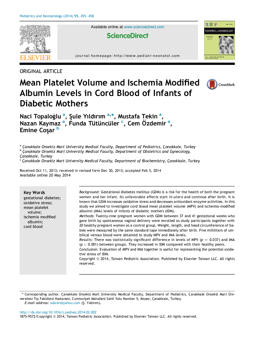 Mean Platelet Volume and Ischemia Modified Albumin Levels in Cord Blood of Infants of Diabetic Mothers