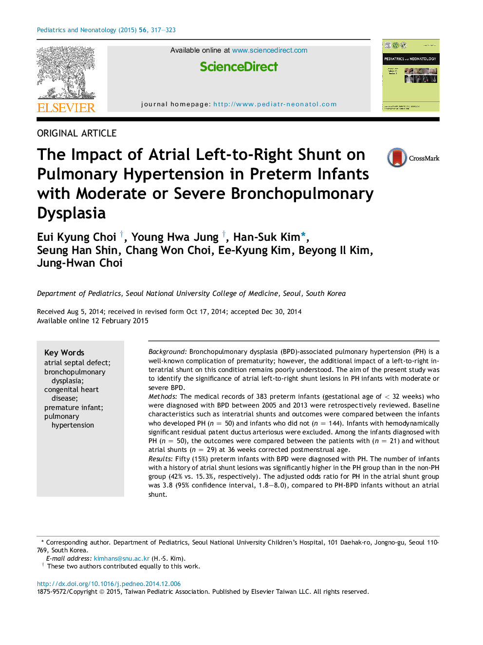 The Impact of Atrial Left-to-Right Shunt on Pulmonary Hypertension in Preterm Infants with Moderate or Severe Bronchopulmonary Dysplasia