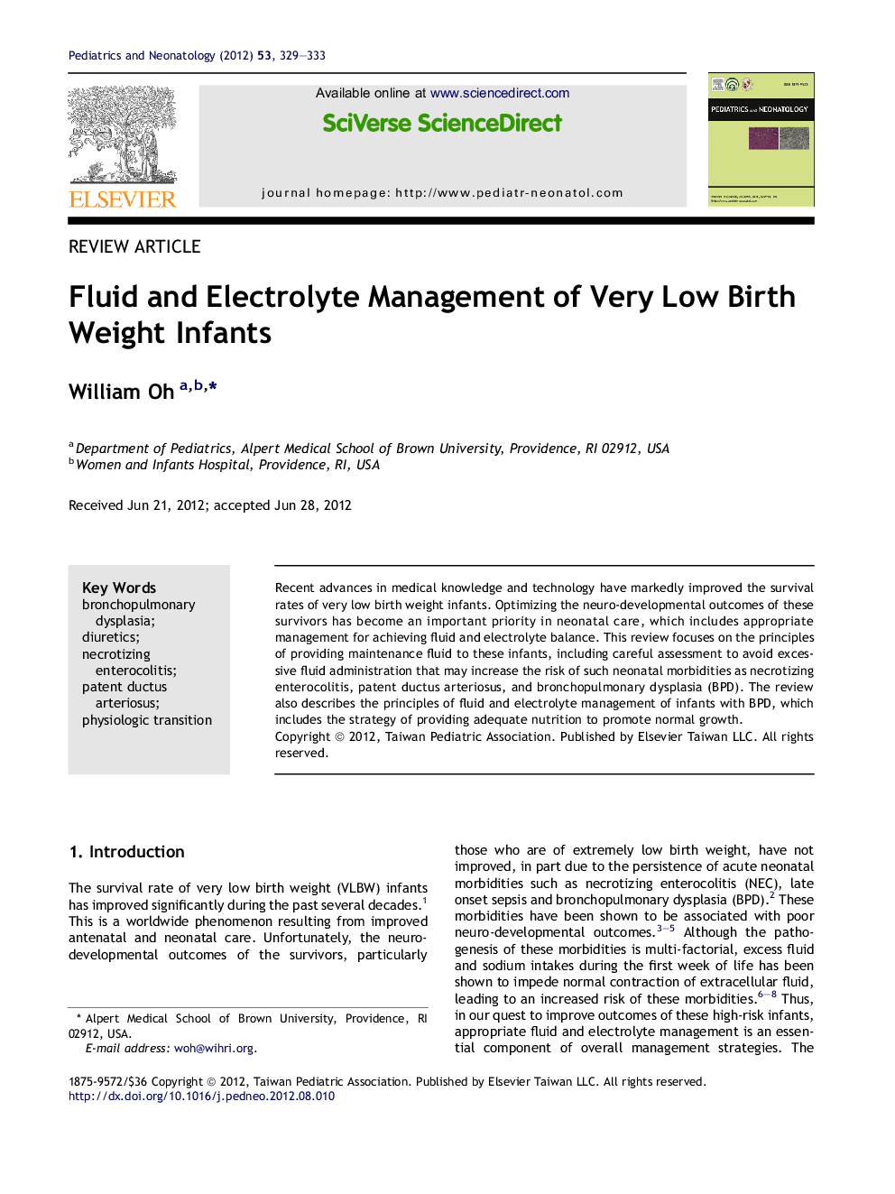 Fluid and Electrolyte Management of Very Low Birth Weight Infants