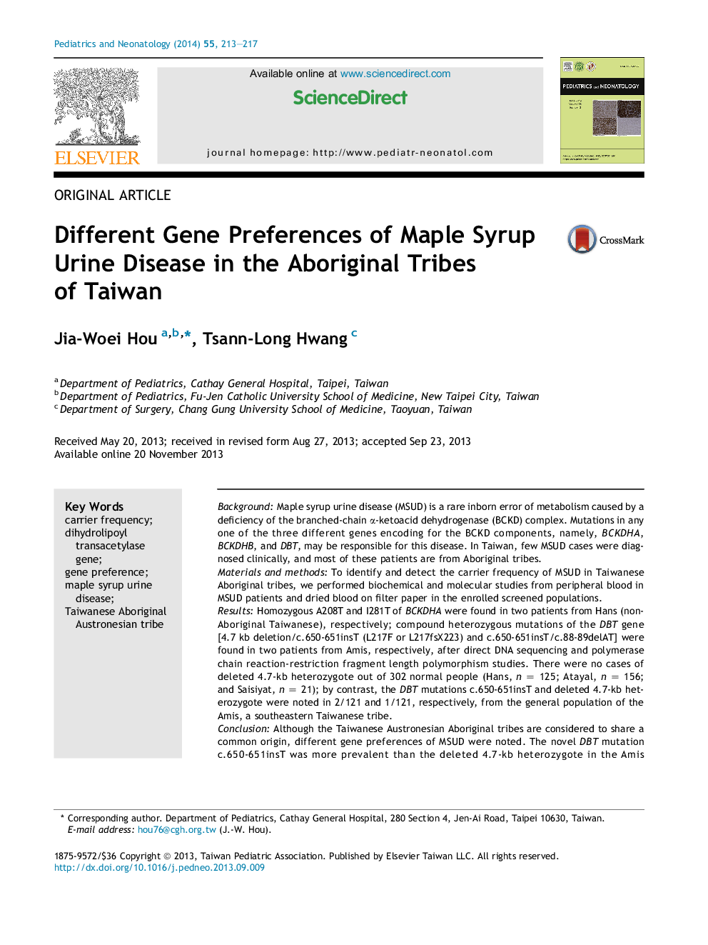 Different Gene Preferences of Maple Syrup Urine Disease in the Aboriginal Tribes of Taiwan