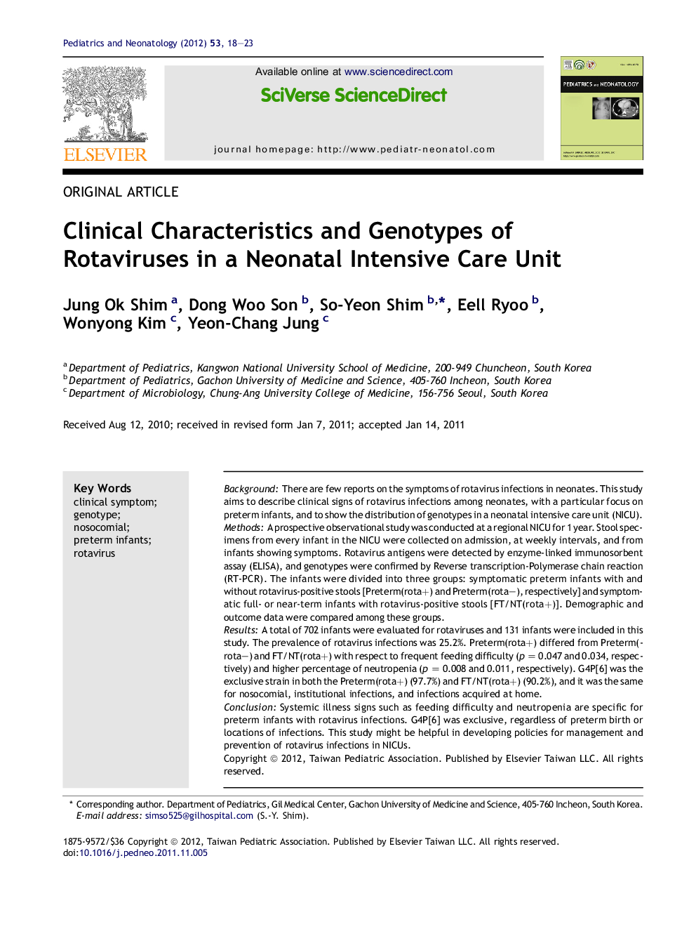 Clinical Characteristics and Genotypes of Rotaviruses in a Neonatal Intensive Care Unit