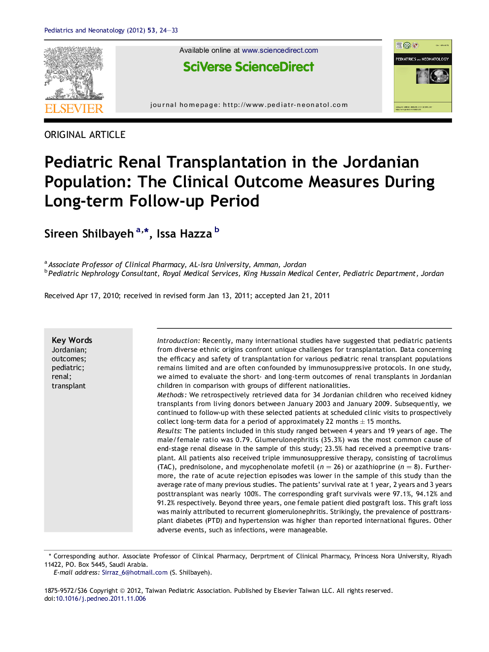 Pediatric Renal Transplantation in the Jordanian Population: The Clinical Outcome Measures During Long-term Follow-up Period