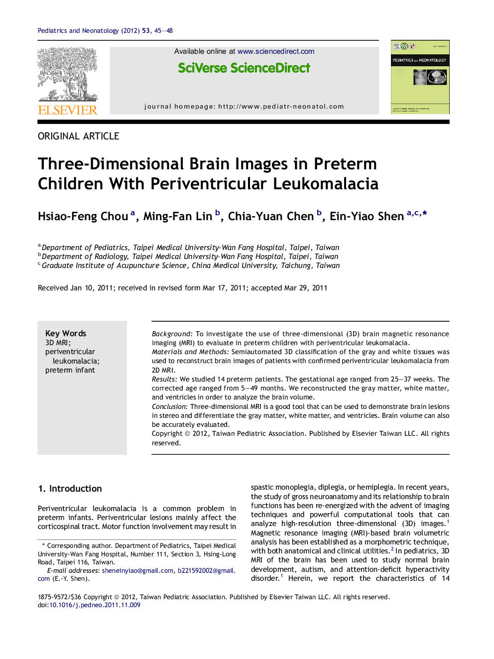 Three-Dimensional Brain Images in Preterm Children With Periventricular Leukomalacia