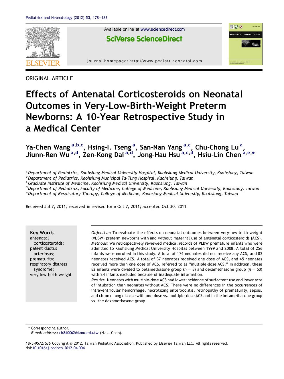 Effects of Antenatal Corticosteroids on Neonatal Outcomes in Very-Low-Birth-Weight Preterm Newborns: A 10-Year Retrospective Study in a Medical Center