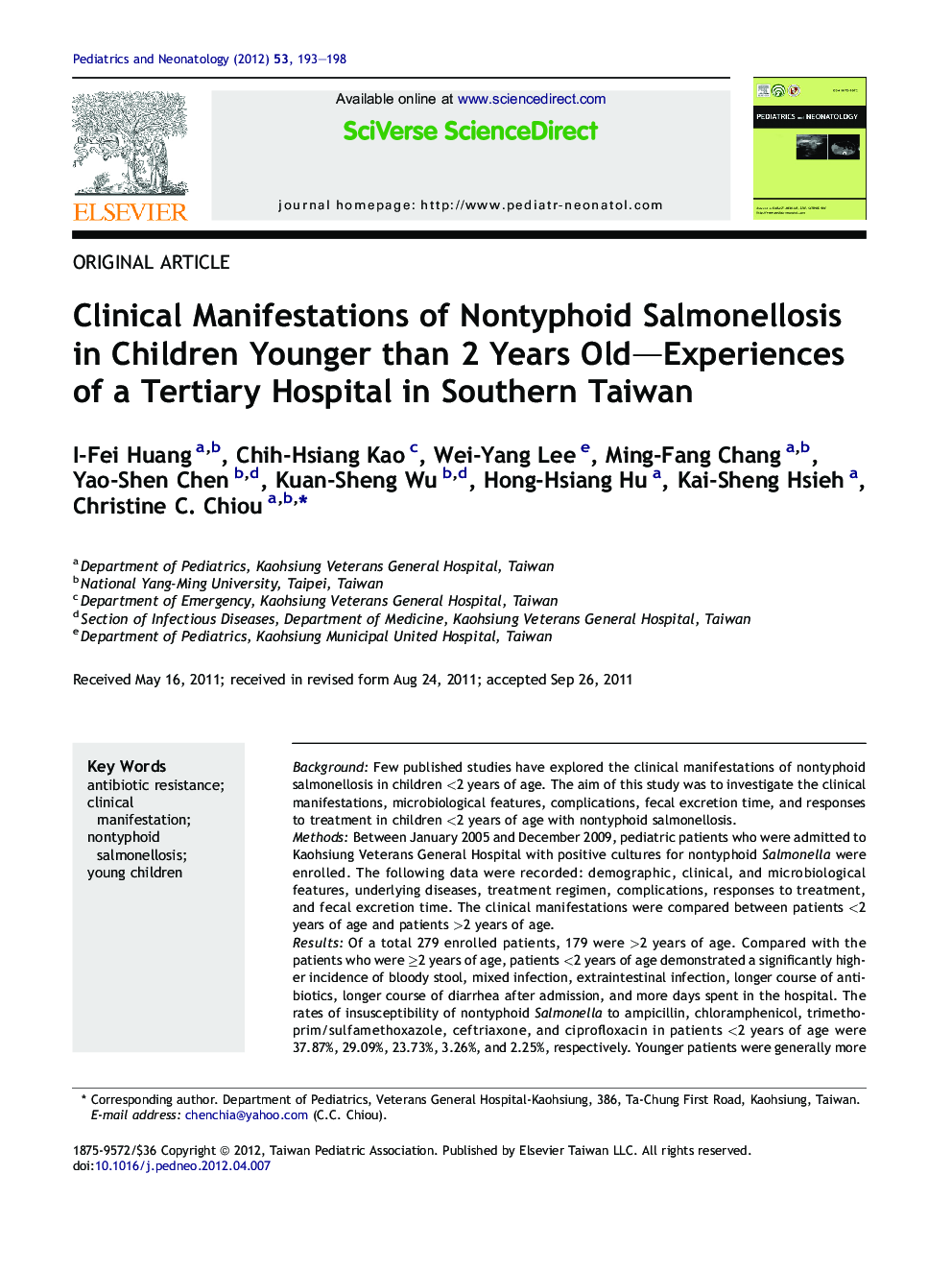 Clinical Manifestations of Nontyphoid Salmonellosis in Children Younger than 2 Years Old—Experiences of a Tertiary Hospital in Southern Taiwan