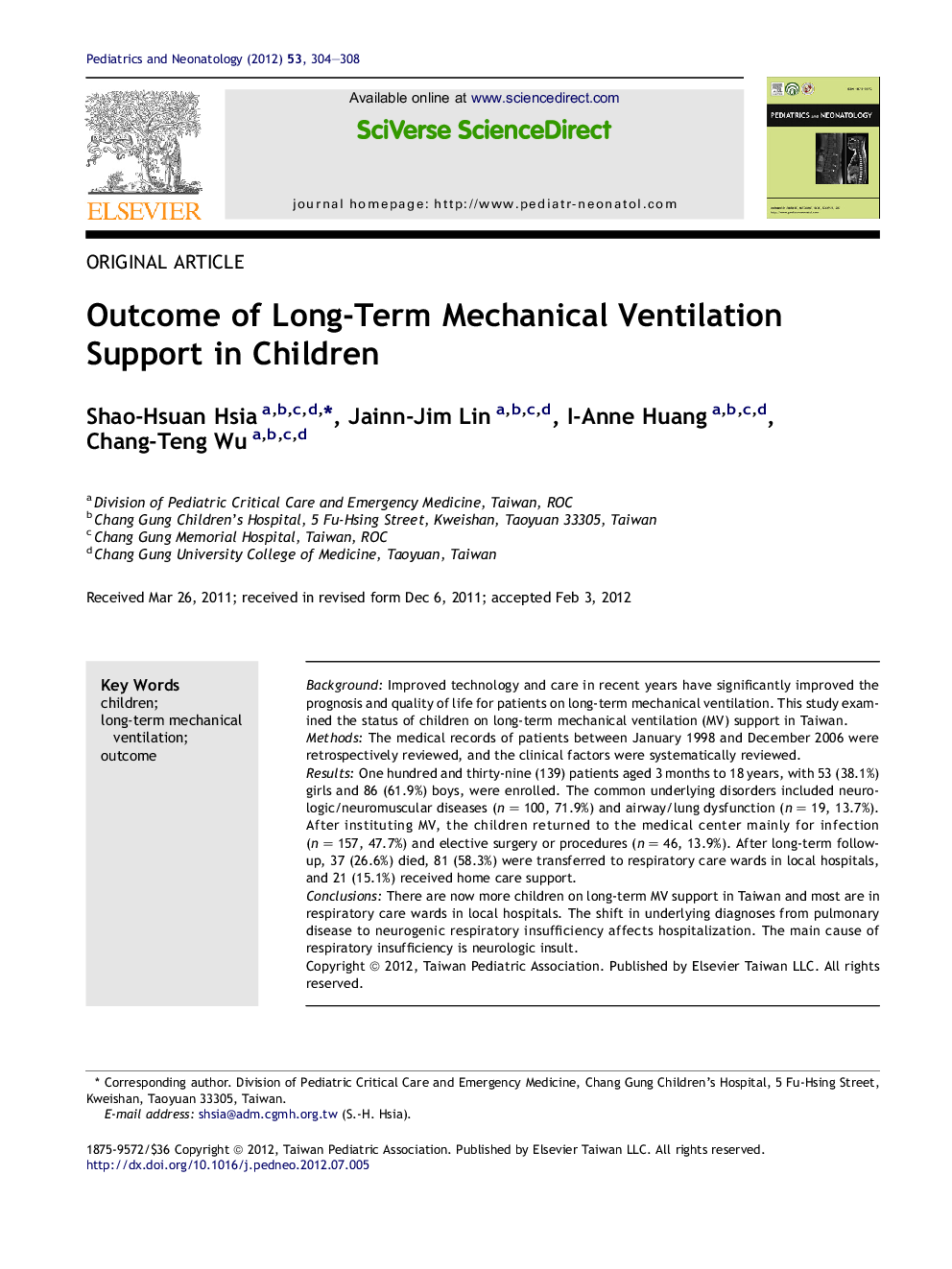 Outcome of Long-Term Mechanical Ventilation Support in Children