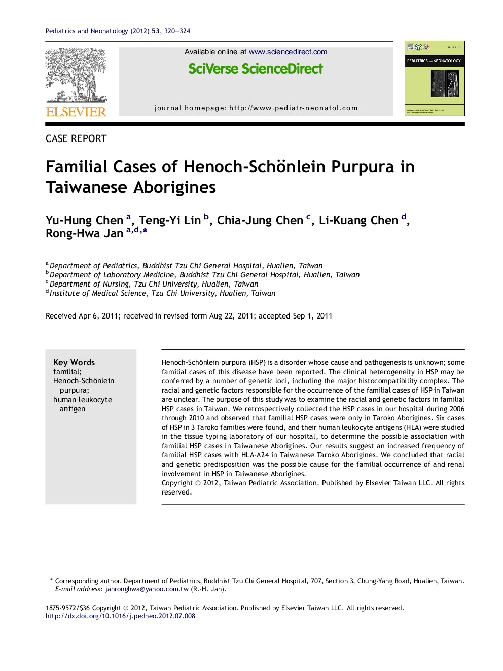 Familial Cases of Henoch-Schönlein Purpura in Taiwanese Aborigines