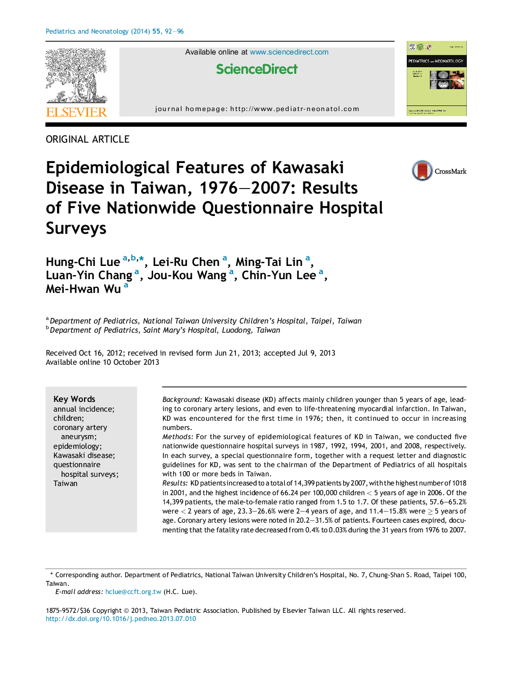 Epidemiological Features of Kawasaki Disease in Taiwan, 1976–2007: Results of Five Nationwide Questionnaire Hospital Surveys