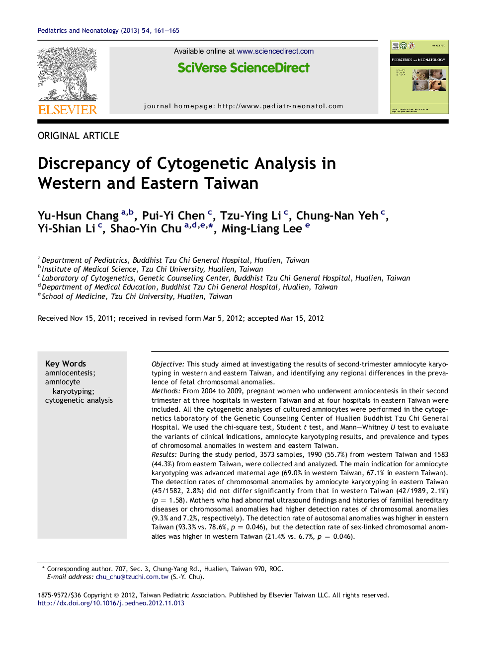 Discrepancy of Cytogenetic Analysis in Western and Eastern Taiwan