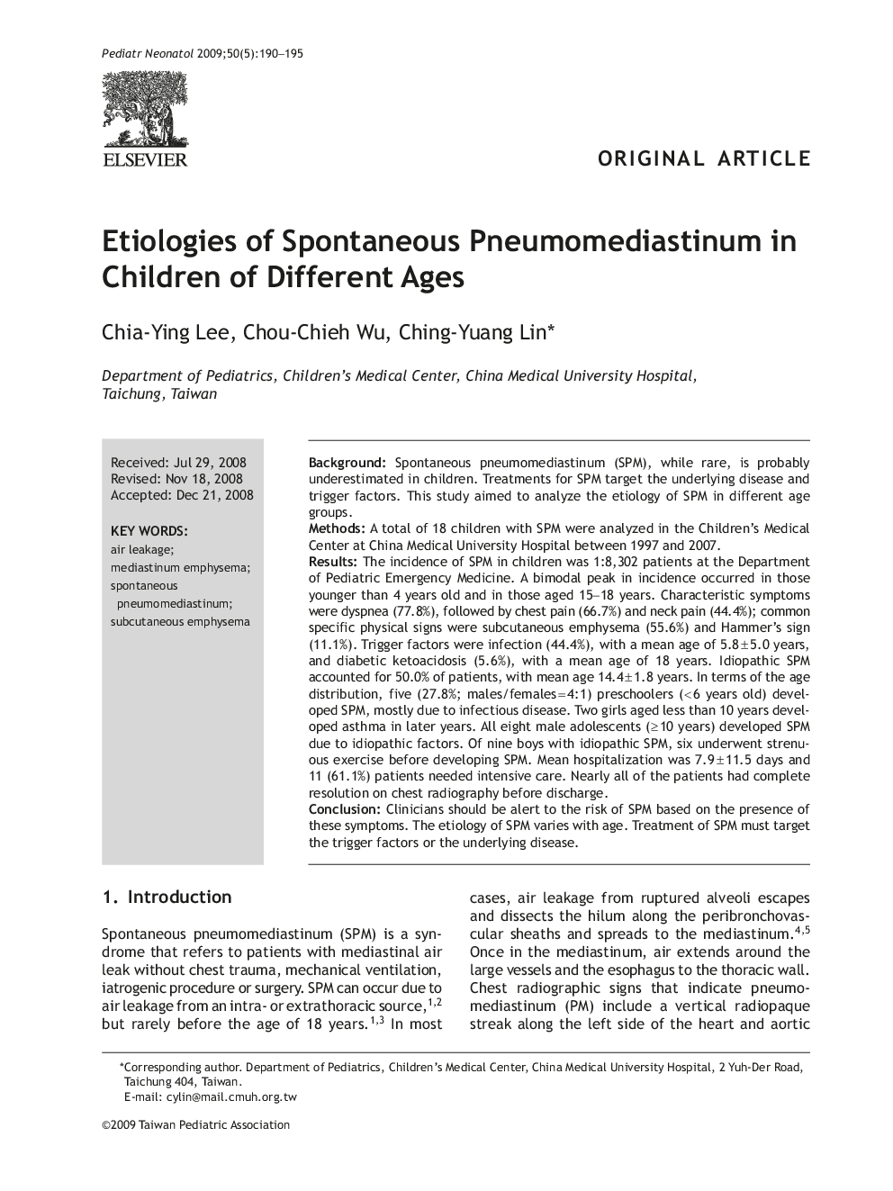 Etiologies of Spontaneous Pneumomediastinum in Children of Different Ages