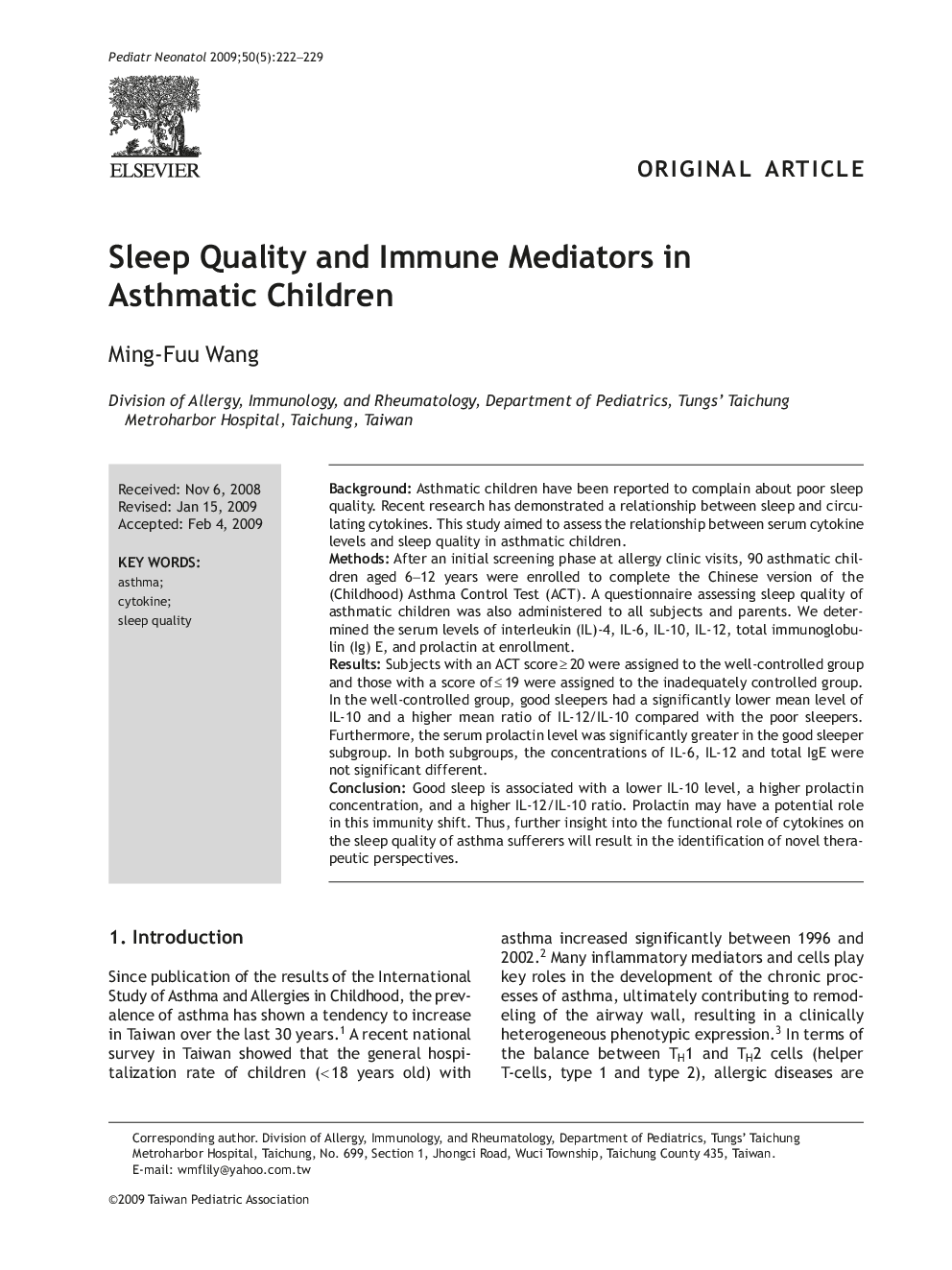 Sleep Quality and Immune Mediators in Asthmatic Children