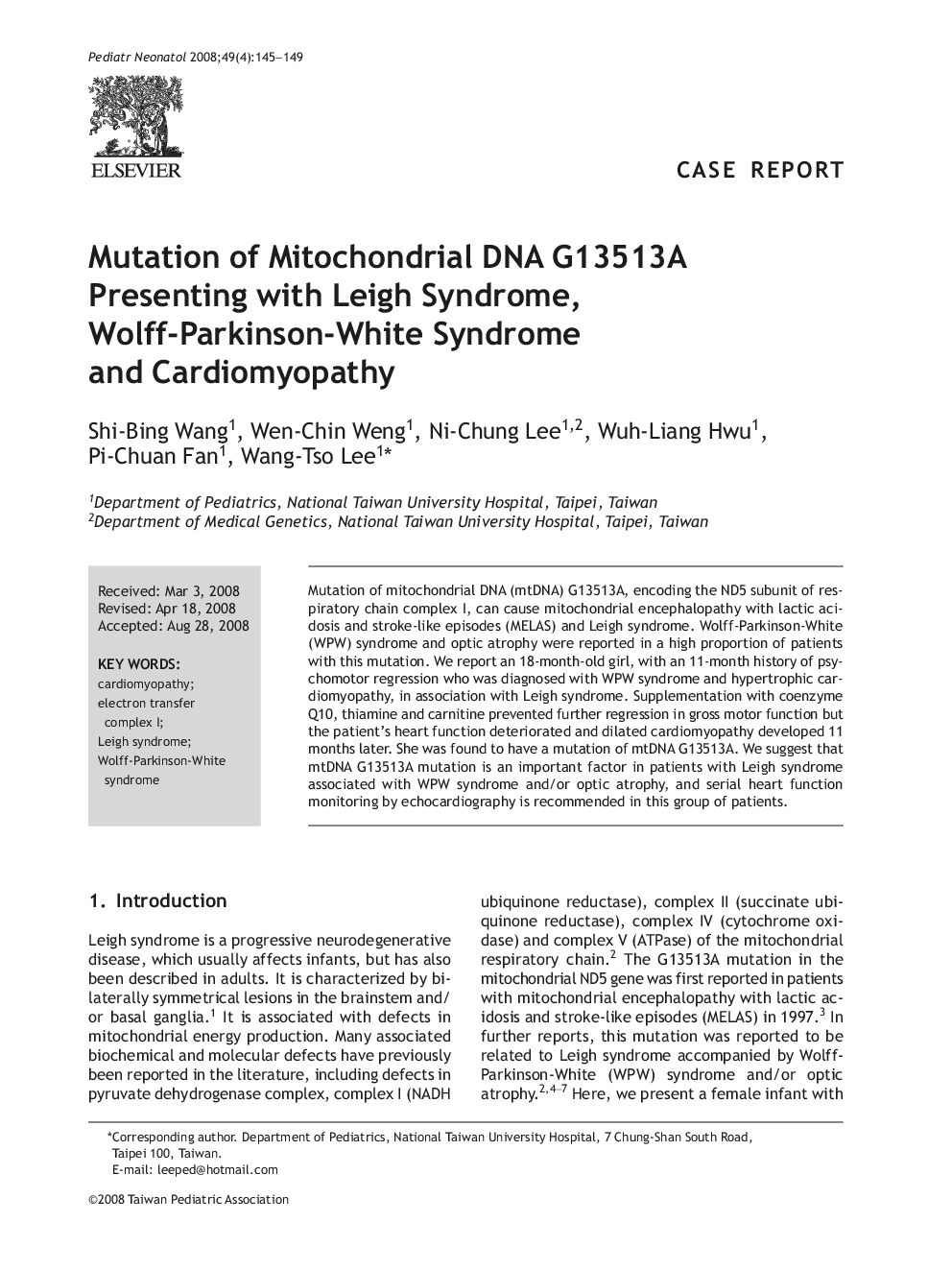 Mutation of Mitochondrial DNA G13513A Presenting with Leigh Syndrome, Wolff-Parkinson-White Syndrome and Cardiomyopathy