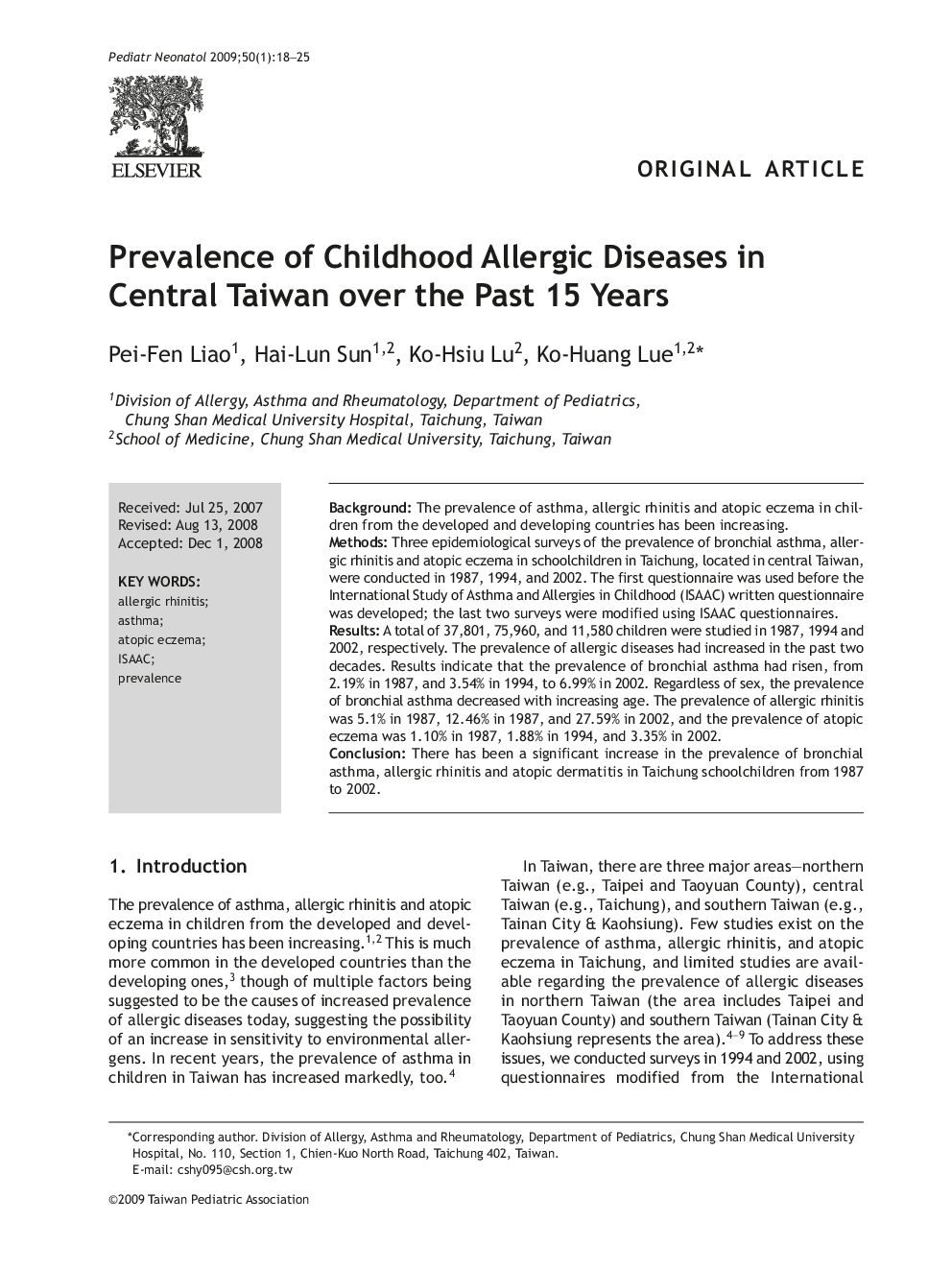 Prevalence of Childhood Allergic Diseases in Central Taiwan over the Past 15 Years