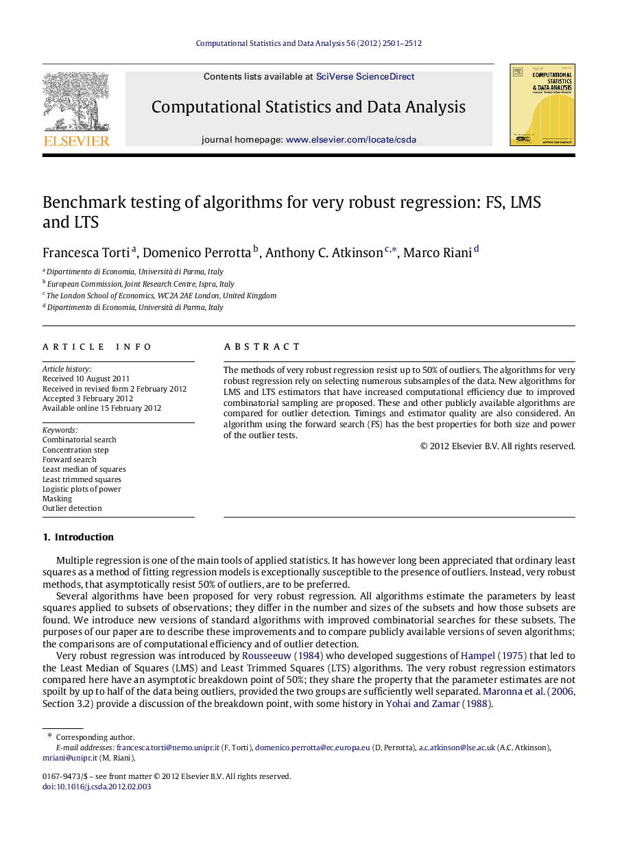 Benchmark testing of algorithms for very robust regression: FS, LMS and LTS