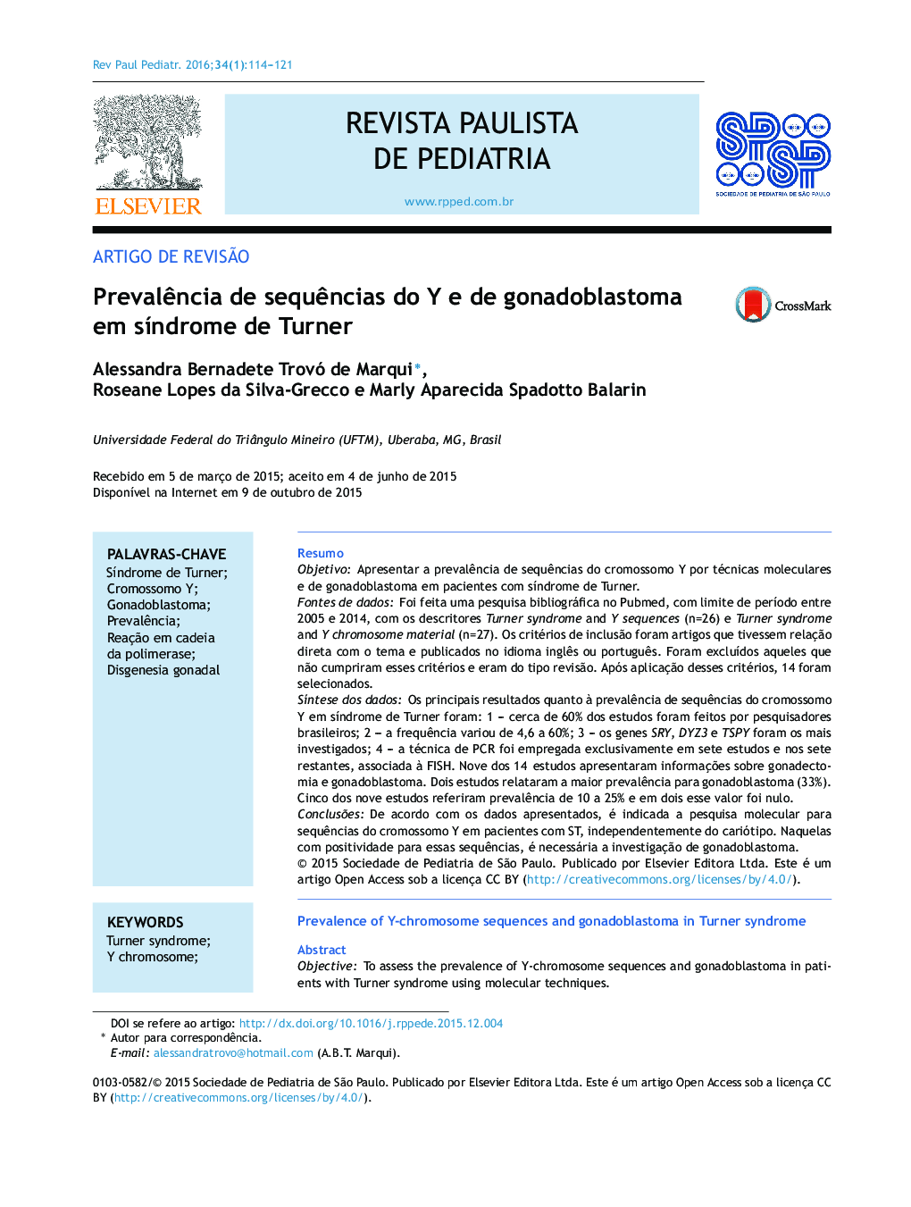 Prevalência de sequências do Y e de gonadoblastoma em síndrome de Turner