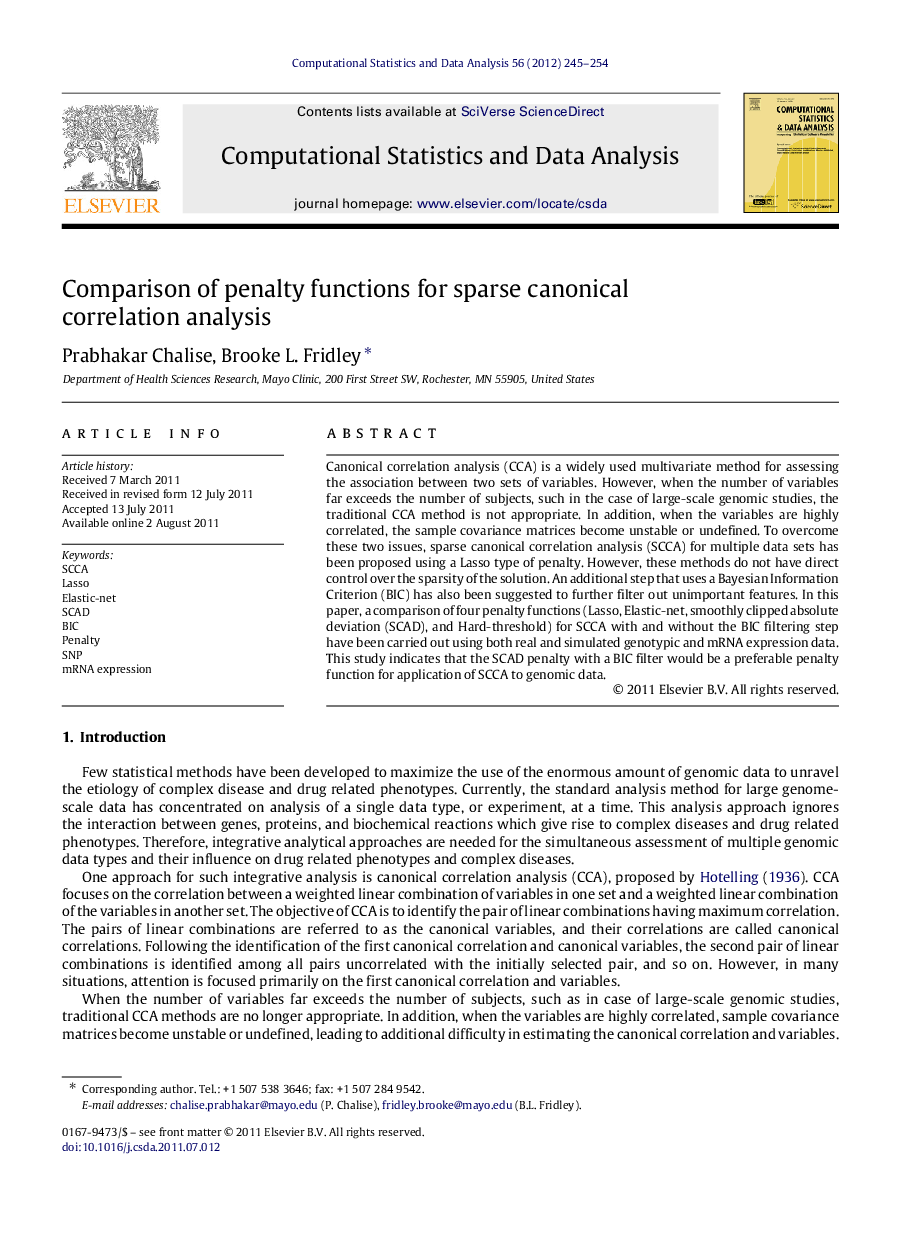 عکس صفحه اول مقاله: Comparison of penalty functions for sparse canonical correlation analysis Comparison of penalty functions for sparse canonical correlation analysis