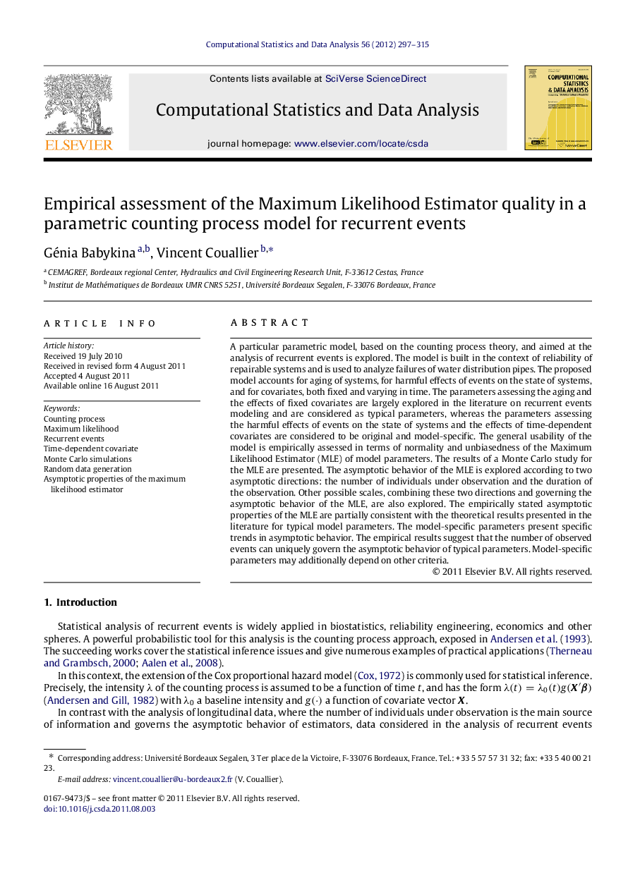 Empirical assessment of the Maximum Likelihood Estimator quality in a parametric counting process model for recurrent events