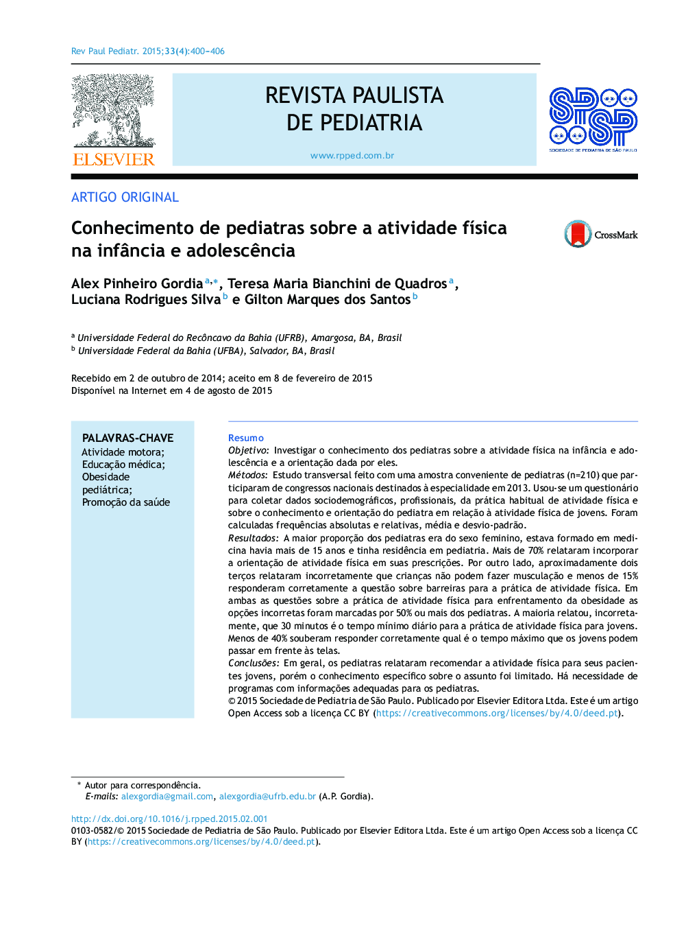 Conhecimento de pediatras sobre a atividade física na infância e adolescência