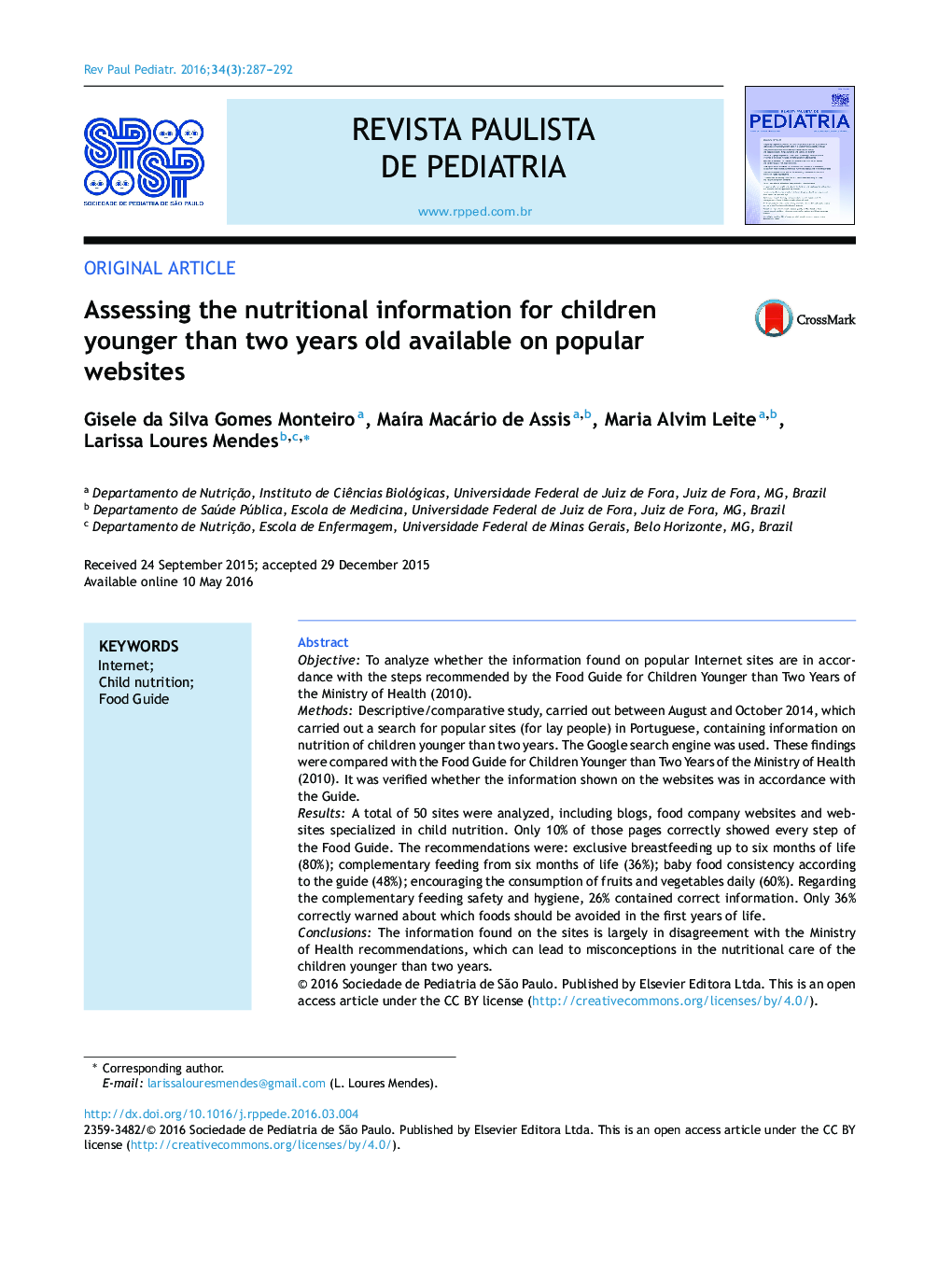 Assessing the nutritional information for children younger than two years old available on popular websites