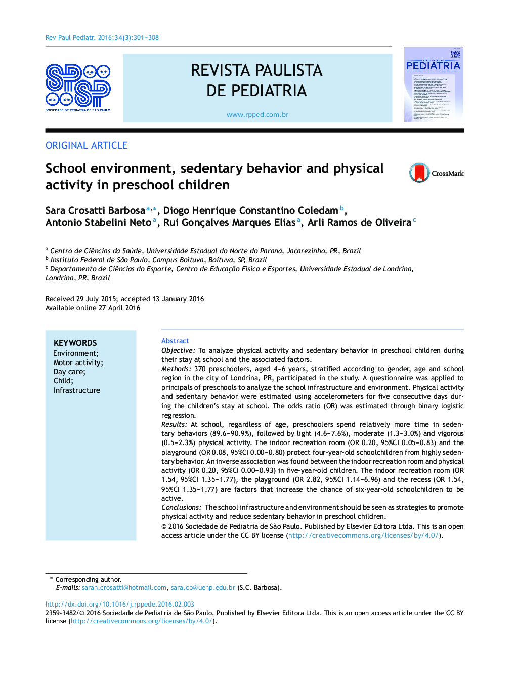 School environment, sedentary behavior and physical activity in preschool children